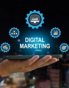 A hand holding a smartphone with “Digital Marketing” displayed above it, surrounded by icons representing analytics
