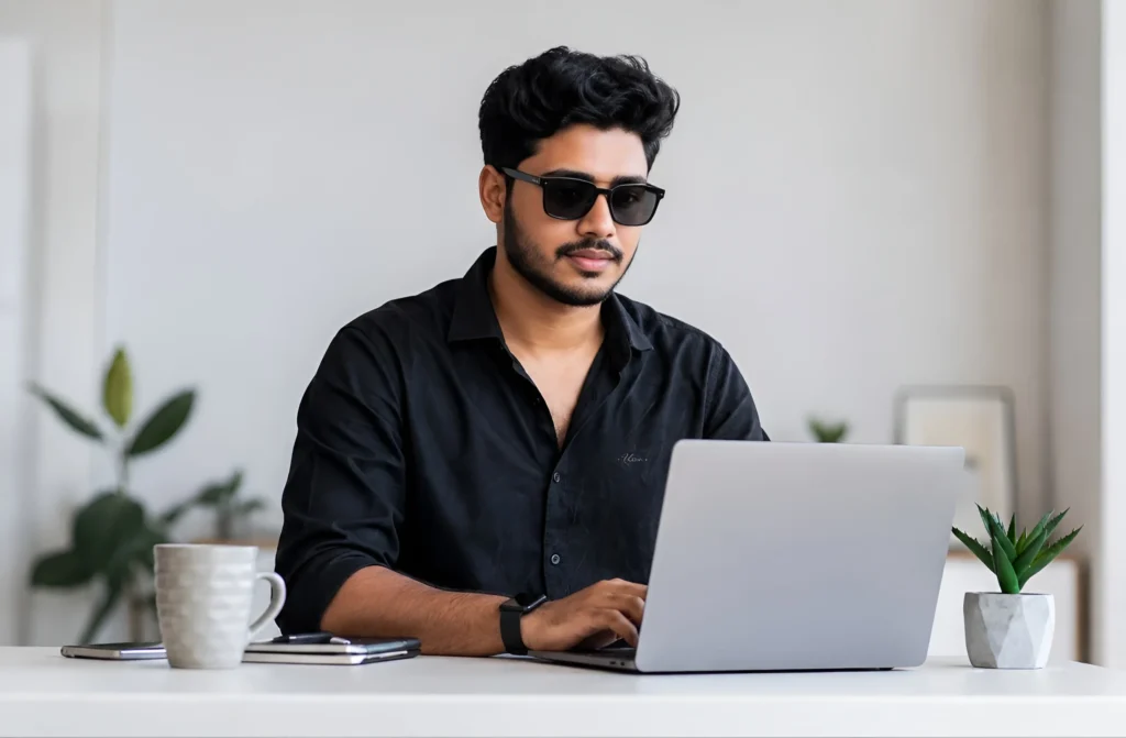 A young man wearing sunglasses and a black shirt works on a laptop at a desk