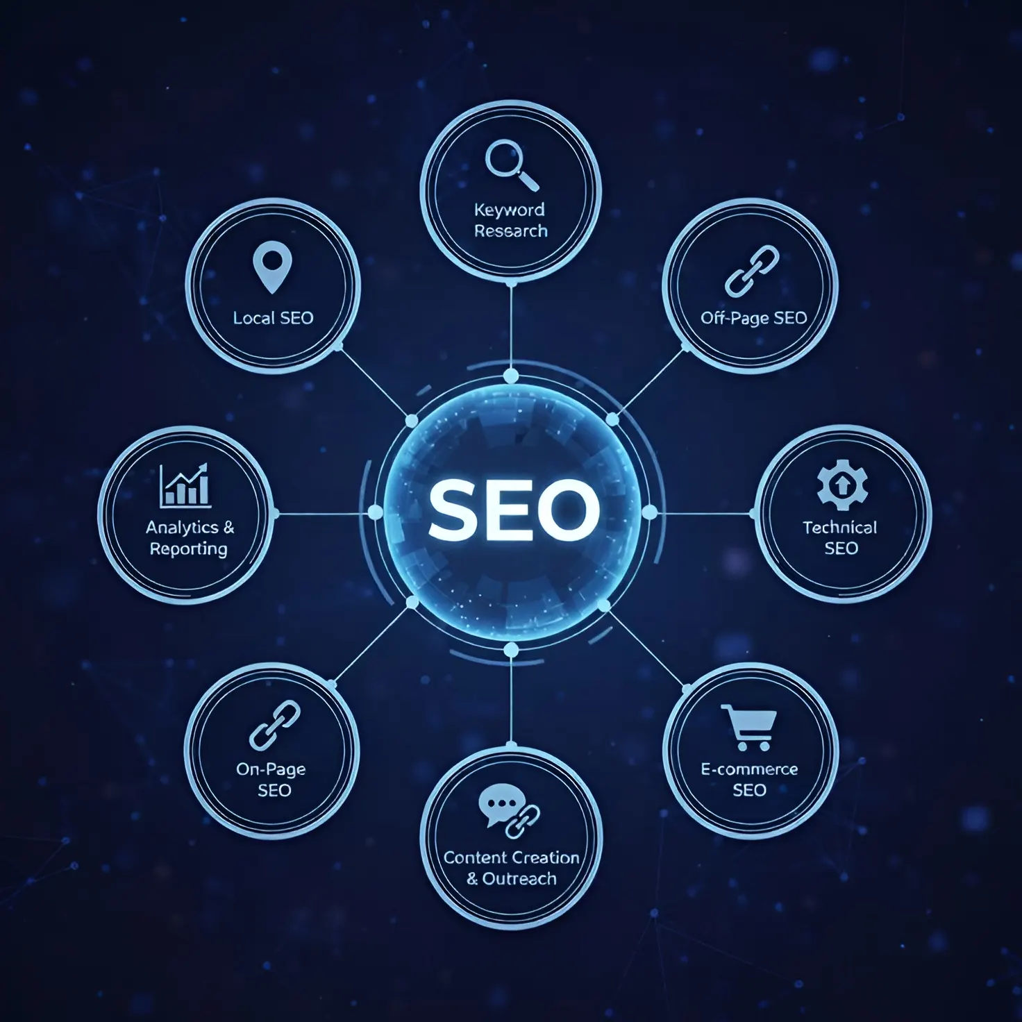 SEO infographic showing a central “SEO” circle connected to eight areas