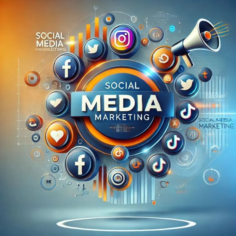 “Social Media Marketing” title surrounded by social media icons, engagement symbols, analytics graphics, and a megaphone