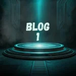 a glowing turquoise teleportation platform beneath a beam of light, featuring the text “BLOG 1” in the center.