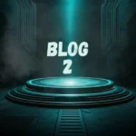a glowing turquoise teleportation platform beneath a beam of light, featuring the text “BLOG 2” in the center.