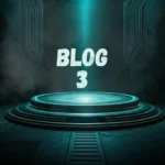 a glowing turquoise teleportation platform beneath a beam of light, featuring the text “BLOG 3” in the center.