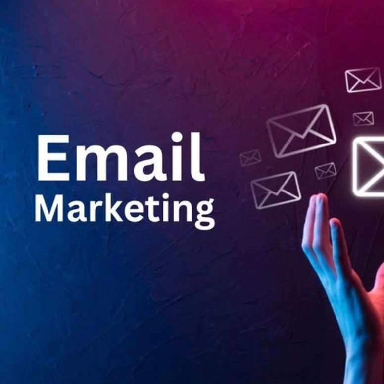 Email Marketing” text on a dark blue and purple background, surrounded by floating envelope icons and a hand reaching toward them