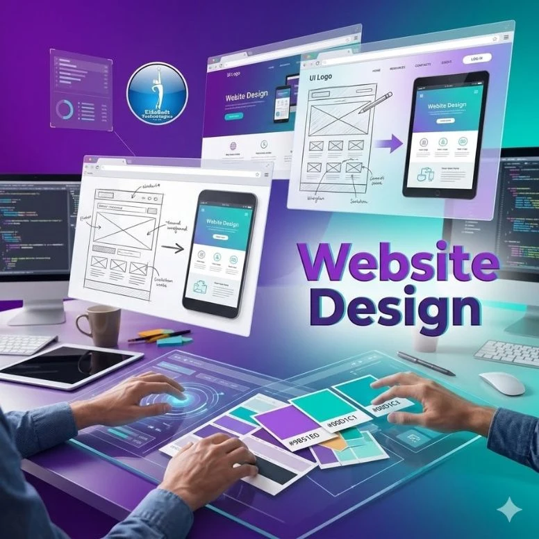 Website design graphic showing desktop and mobile website mockups
