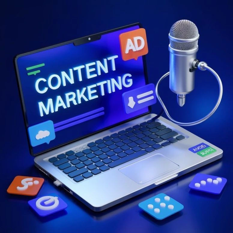 Alt text ? ChatGPT said: A laptop displaying “Content Marketing” with advertising and social media icons